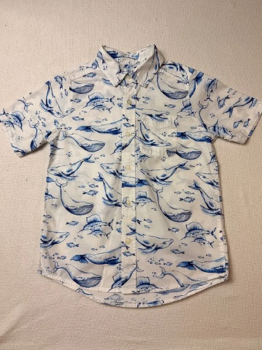 The Children's Place Whale Print Button Up Shirt Boys Size 7/8 Coastal Beach